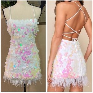 Lulus Glittery Captivation White Iridescent Sequin Lace Up Mini Dress